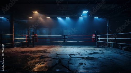 Fotografiet Epic empty boxing ring in the spotlight on the fight night AI