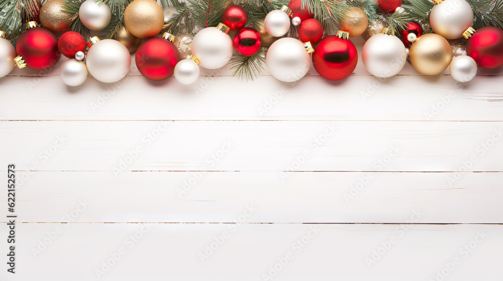 Timeless Charm Classic Christmas Composition with Fir Branches and White and Red Baubles on White Wooden Background. created with Generative AI Timeless Charm Classic Christmas Composition with Fir Branches and White and Red Baubles on White Wooden Background. created with Generative AI
