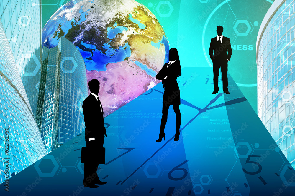 Abstract business concept: businesspeople with clock background. Elements of this image furnished by NASA Abstract business concept: businesspeople with clock background. Elements of this image furnished by NASA