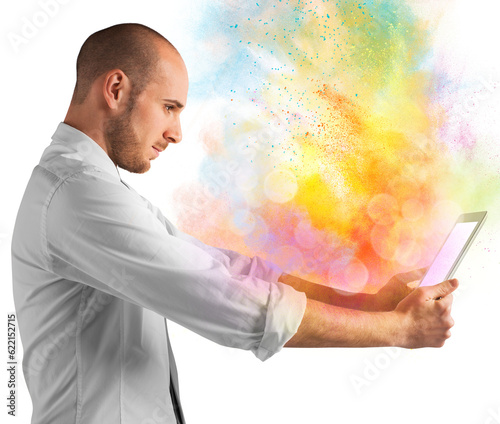 Tablet with burst of bright colorful powders