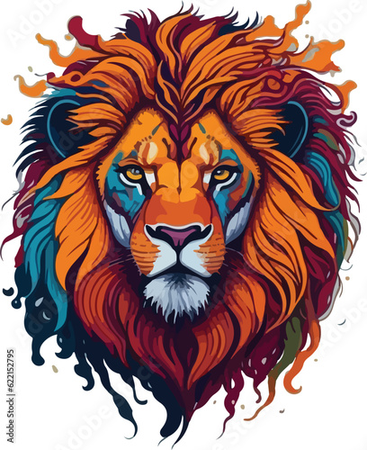 Colorful lion face drawing vibrant vivid colored t-shirt design vector illustrations. Exotic colorful lion beast