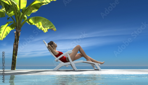 Young woman relaxing on a sunbed at the piece of beach with a palm tree behind. This is a 3d render illustration