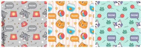 Set of Cats Animals Seamless Pattern Design with Cat Element in Template Hand Drawn Cartoon Flat Illustration