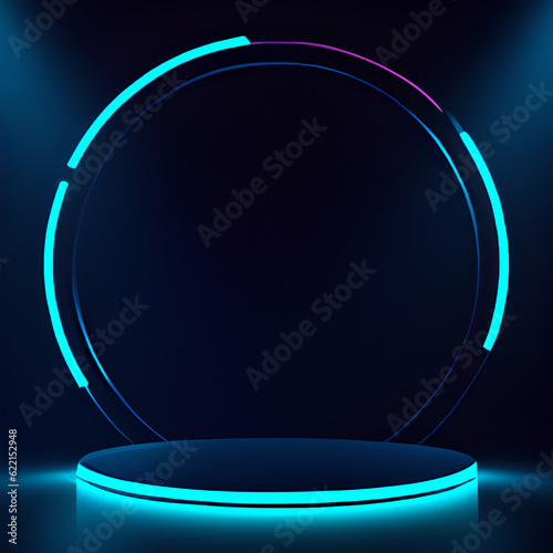 Futuristic room with circle neon podium and a round neon lamp. 3D space with empty stage. Dark Futuristic room with podium and Effect of light, glare, reflection, glow. Stage for show product