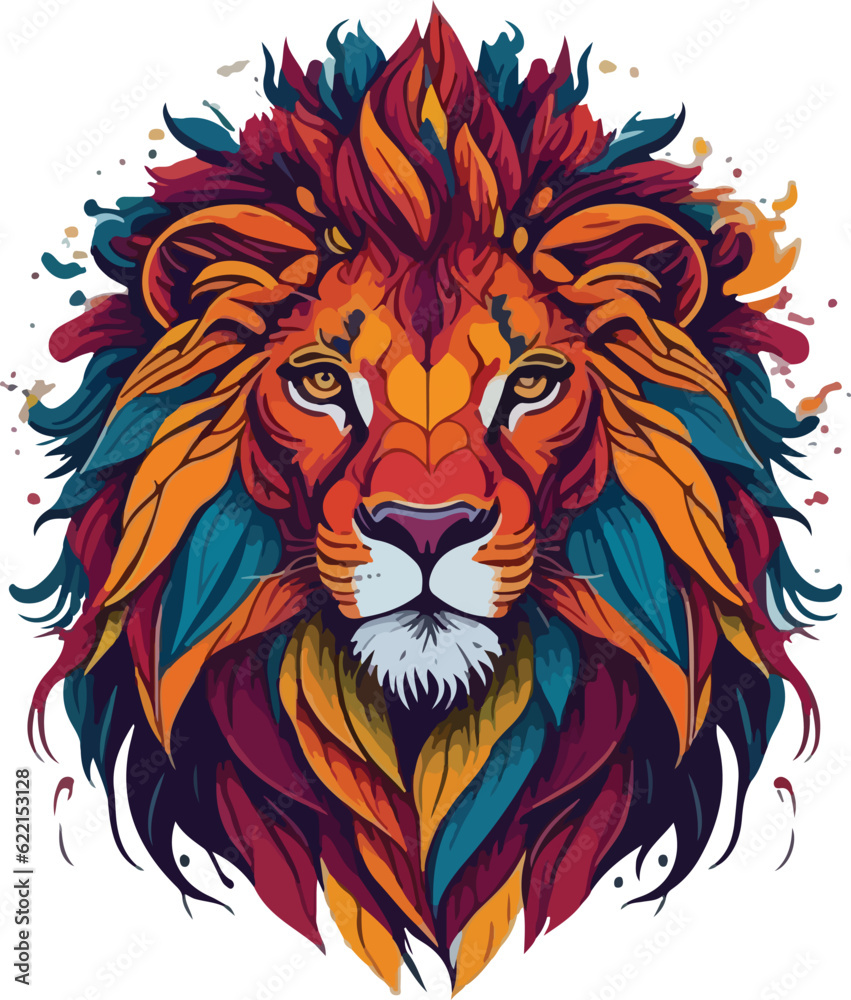 Colorful lion face drawing vibrant vivid colored t-shirt design vector illustrations. Rainbow lion ruler
