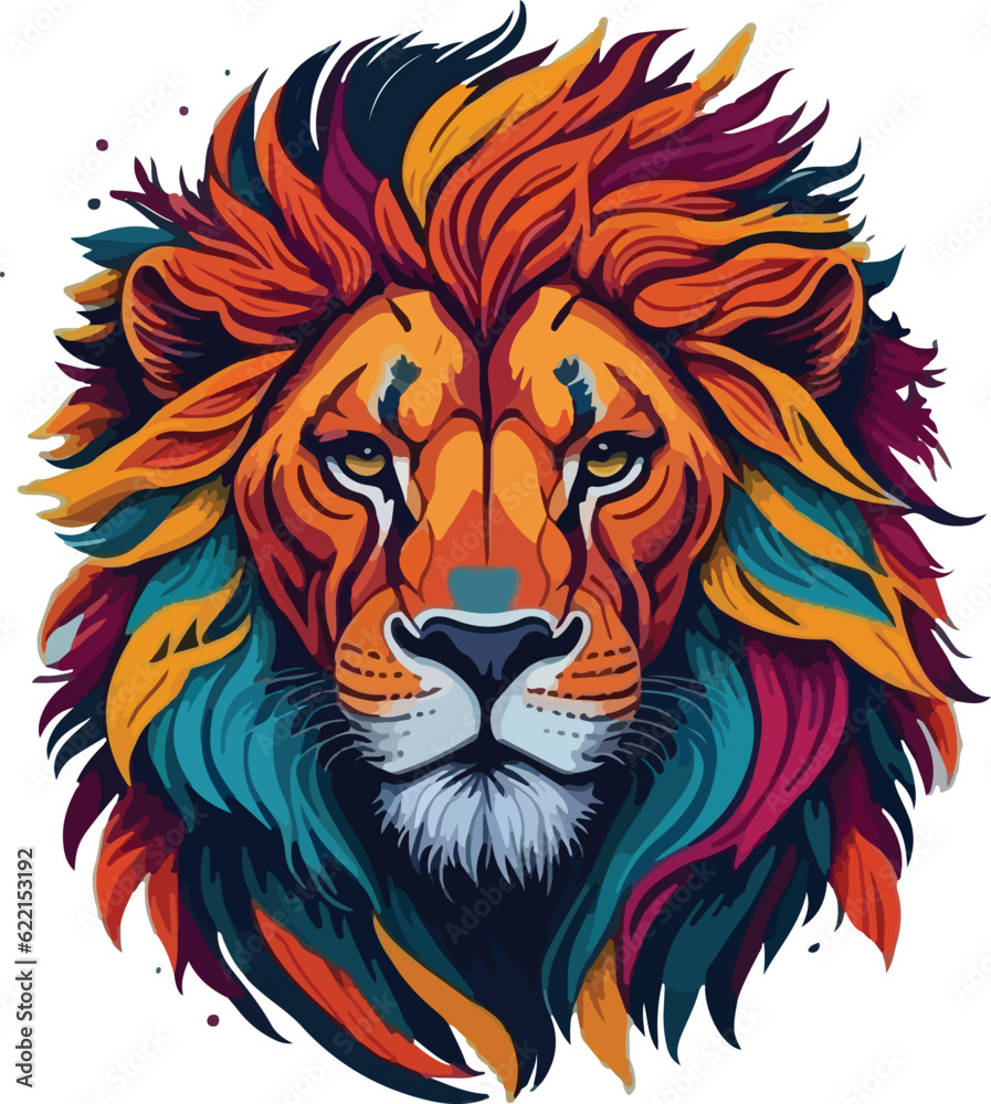 Colorful lion face drawing vibrant vivid colored t-shirt design vector illustrations. Vibrant mane lion majesty