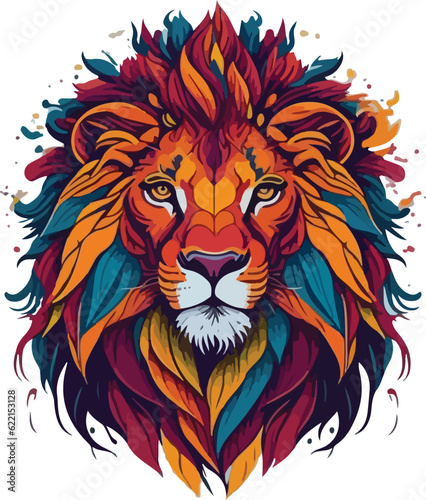 Colorful lion face drawing vibrant vivid colored t-shirt design vector illustrations. Rainbow lion ruler