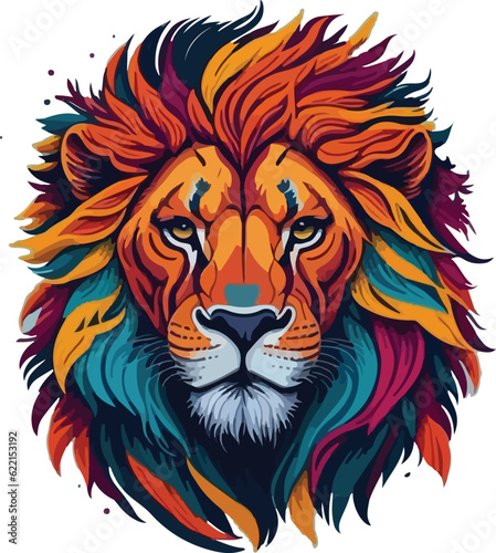Colorful lion face drawing vibrant vivid colored t-shirt design vector illustrations. Vibrant mane lion majesty