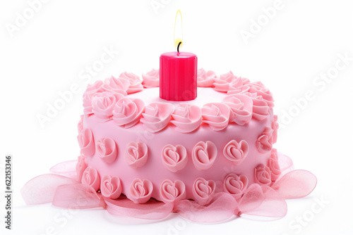 Pink birthday cake in the shape of love and candles on a white background