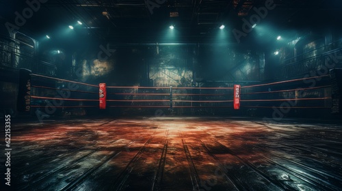 Epic empty boxing ring in the spotlight on the fight night AI © Vitalii But