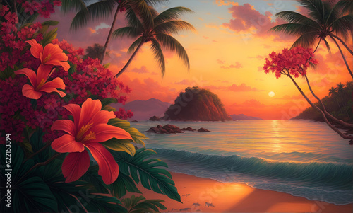 tropical sunset on the beach with palm trees and tropical flowers illustration © Johan Wahyudi