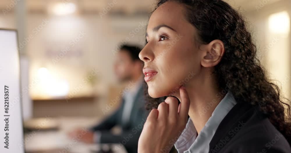 Thinking, office and business woman at night working on project, brainstorming ideas and proposal. Corporate, professional and female worker focus at desk for planning, problem solving and solution