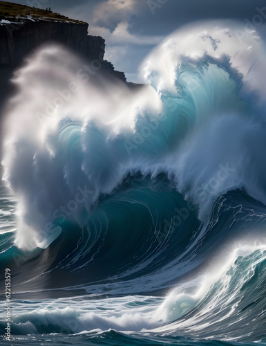 Powerful ocean wave crashing against the rocks - generative ai