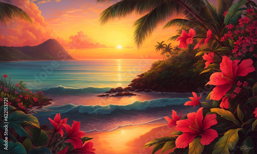 tropical sunset over the sea  tropical beach island illustration