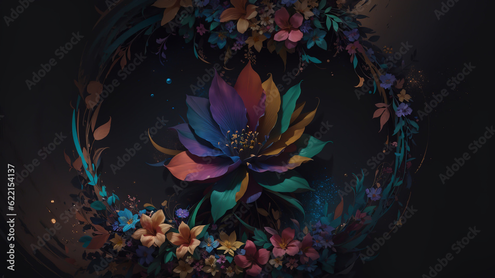 Colorful leaves and beautiful flower emerges from the shadows, creating a captivating display of nature's harmonious blend of hues and textures.