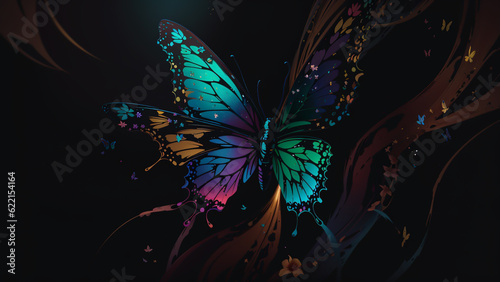 Bright, colorful butterfly emerges from the shadowy depths, its vibrant wings captivating the eye with a brilliant display of hues that seem to illuminate even the darkest corners.