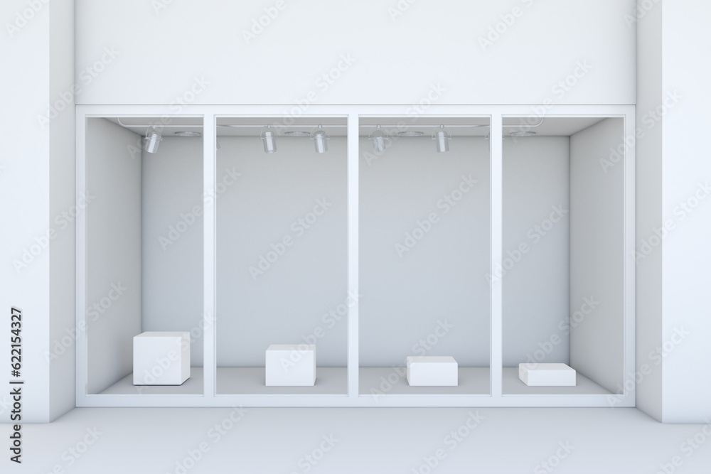 Shopfront with large windows. White store facade. 3d rendering Shopfront with large windows. White store facade. 3d rendering