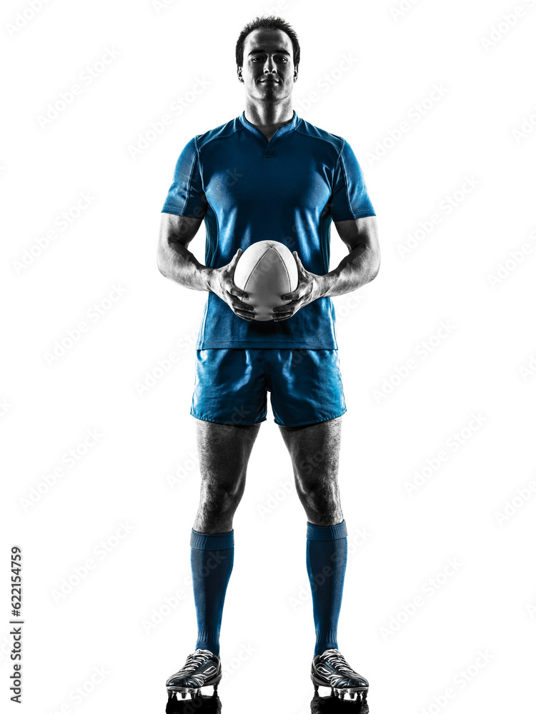 one caucasian rugby man player silhouette isolated on white background one caucasian rugby man player silhouette isolated on white background