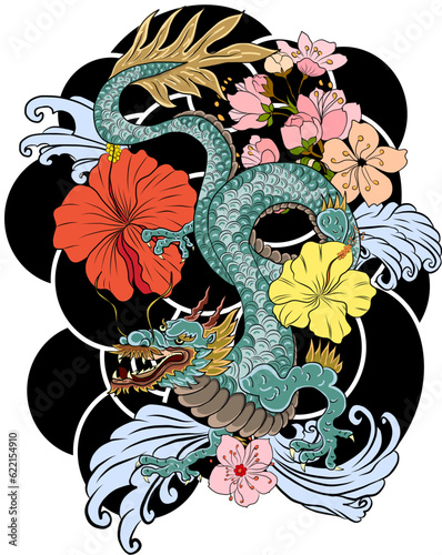 hand drawn Dragon tattoo ,coloring book japanese style.Japanese old dragon for tattoo.Symbol of chinese dragon illustration on background for T-shirt. Traditional Asian tattoo the old dragon vector.