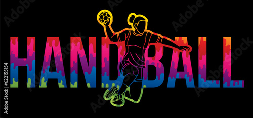 Handball Sport Woman Player Action with Text Cartoon Graphic Vector