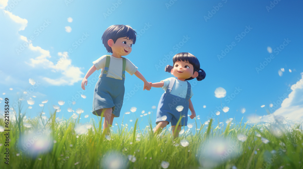 In the midst of a cheery meadow, a boy and girl are holding hands with happiness.