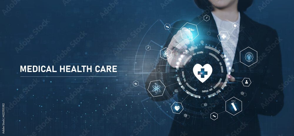 custom made wallpaper toronto digitalHealthcare and technology concept with flat icons and symbols. Template design for health care business, innovation medicine, pharmaceutical industry, science background, medical research.