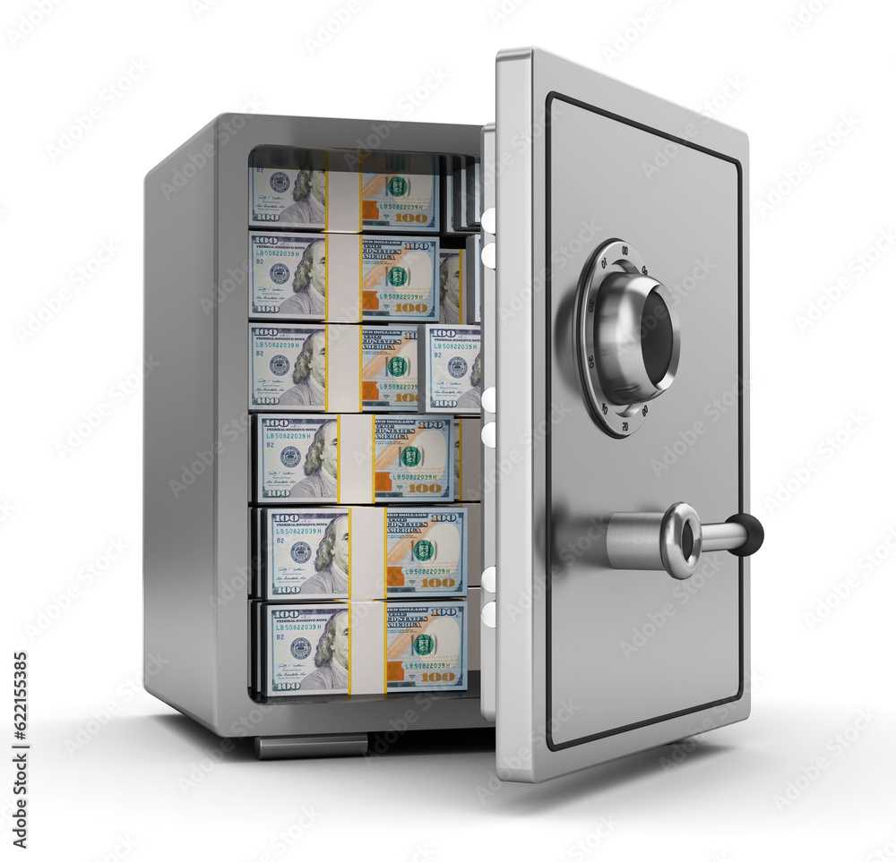 3d illustration of steel safe full of dollars - obrazy, fototapety, plakaty 