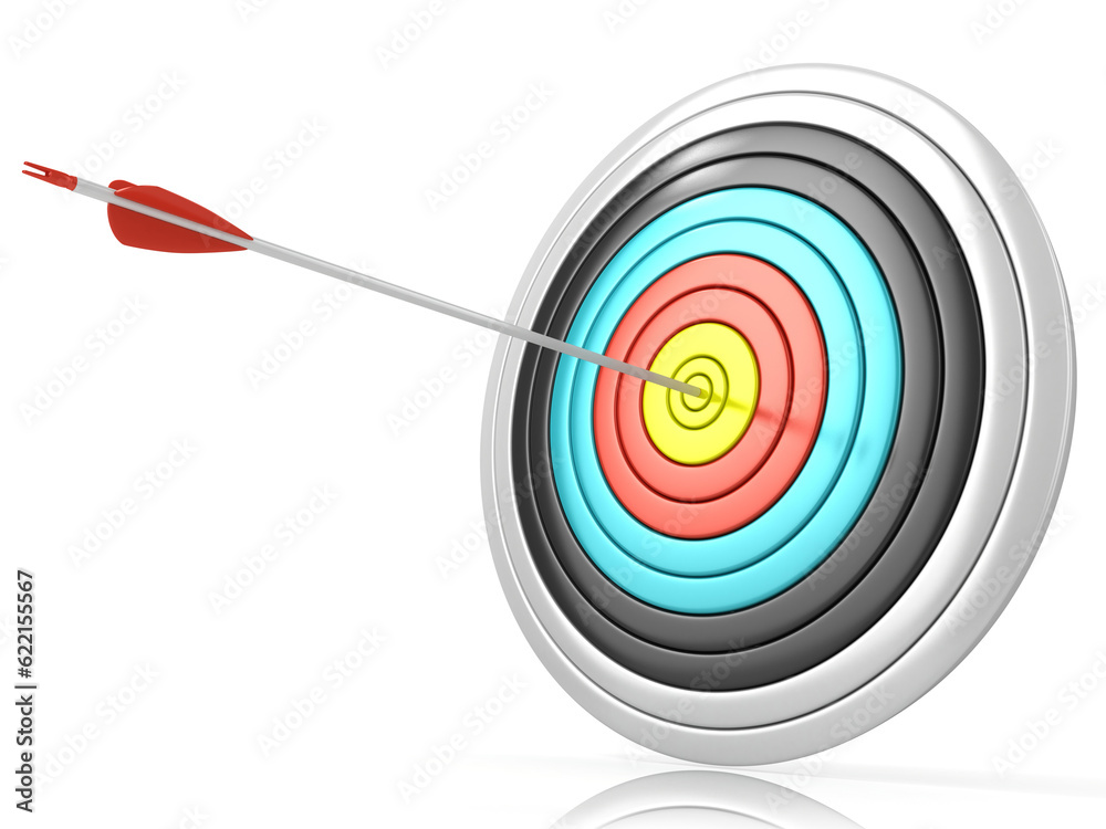 Archery target with one arrow in the center, isolated on white background. Side view Archery target with one arrow in the center, isolated on white background. Side view