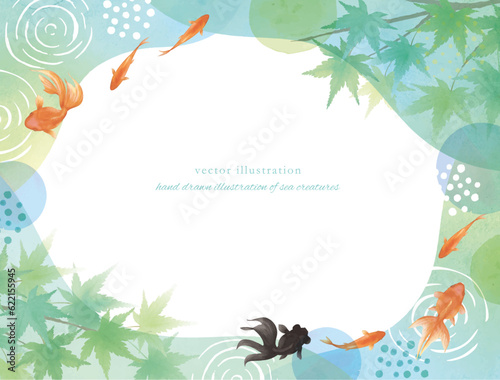 金魚と楓の水彩背景