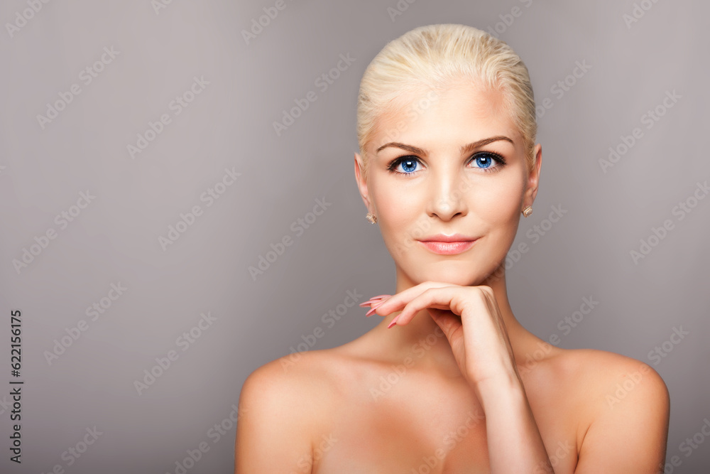 Beauty portrait face of happy smiling beautiful blond woman with blue eyes and smooth skin, aesthetics cosmetics skincare concept. Beauty portrait face of happy smiling beautiful blond woman with blue eyes and smooth skin, aesthetics cosmetics skincare concept.