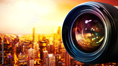Tableau sur toile Professional lens of reflex camera with light effects and city on background