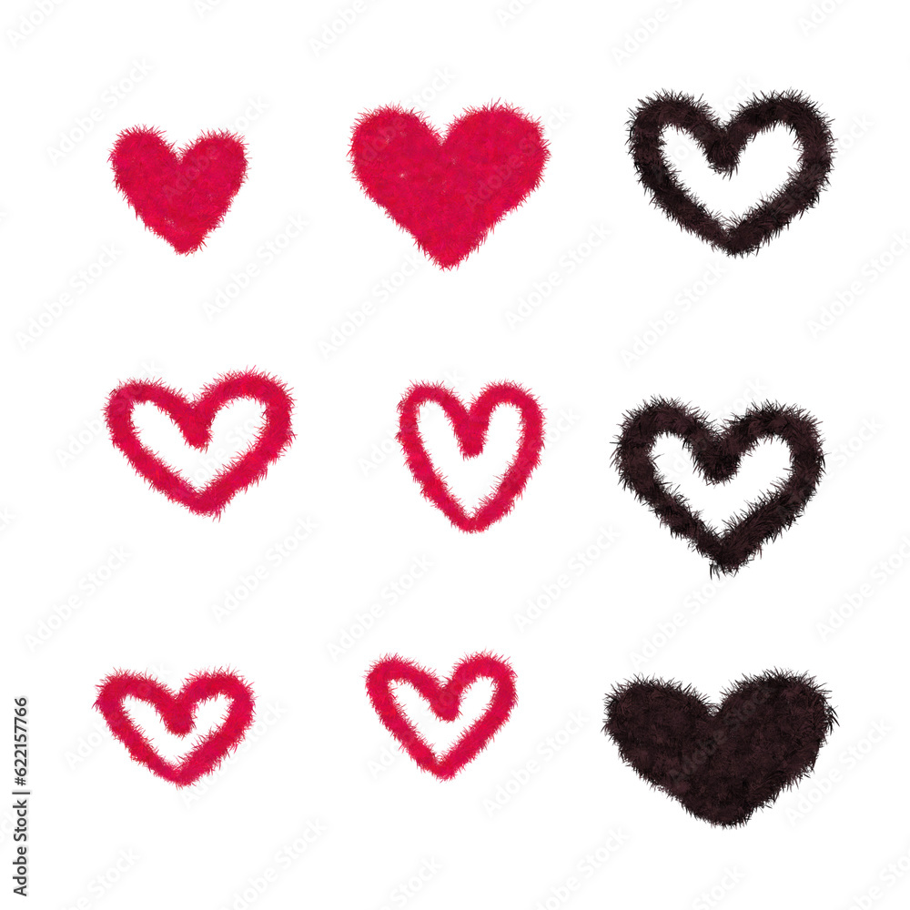 Hand drawn hearts. Design elements for Valentine's day. Hand drawn rough marker hearts isolated on white background. Set of unique hand drawn hearts. Painted design elements.