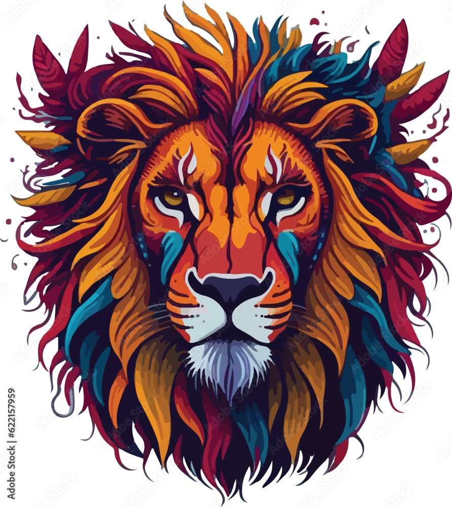 Colorful lion face drawing vibrant vivid colored t-shirt design vector illustrations. Polychromatic lion beauty in motion