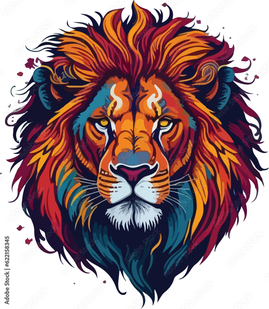 Colorful lion face drawing vibrant vivid colored t-shirt design vector illustrations. Vibrant lion encounter