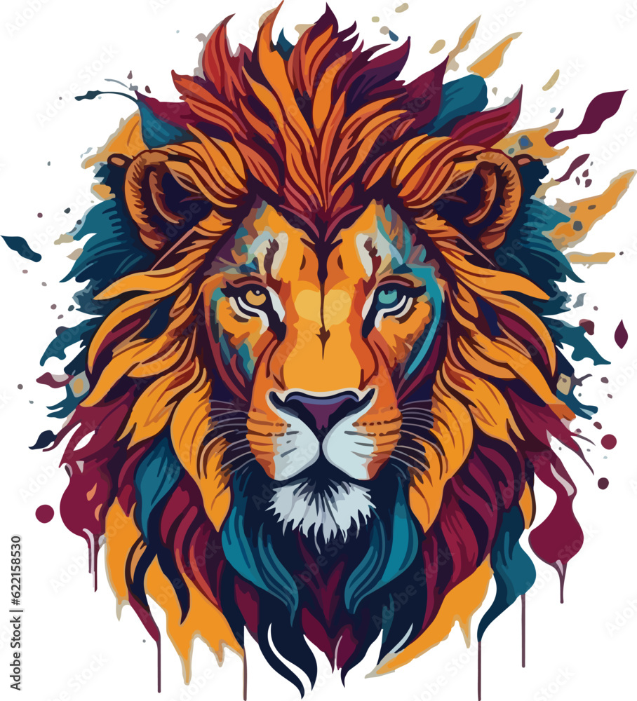 Colorful lion face drawing vibrant vivid colored t-shirt design vector illustrations. Kaleidoscope lion magic
