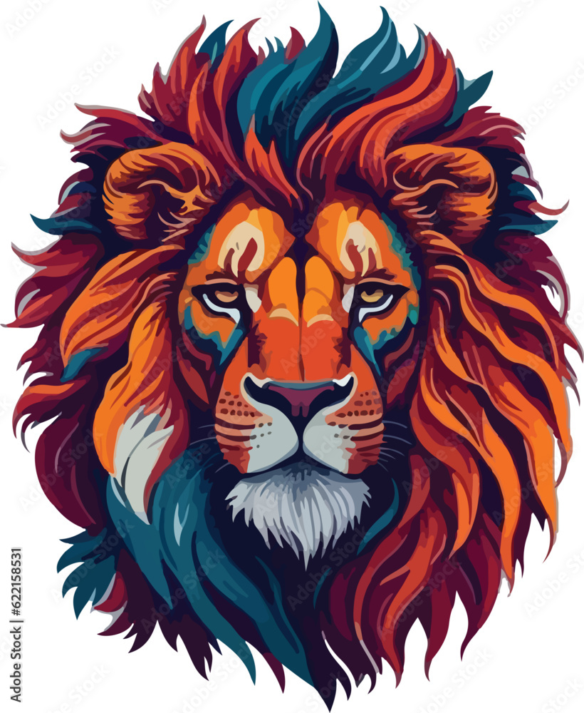 Colorful lion face drawing vibrant vivid colored t-shirt design vector illustrations. Spectrum-spotted lion fierce beauty