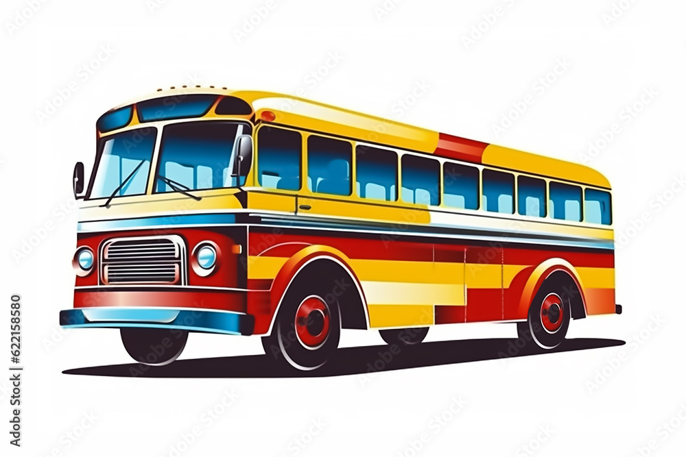 Illustration of colorful vintage bus ,AI generated art on white background.