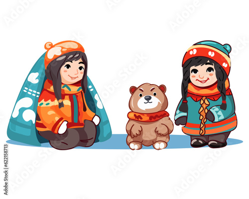 children of the peoples of the North near a yurt with a polar mevel in the tundra