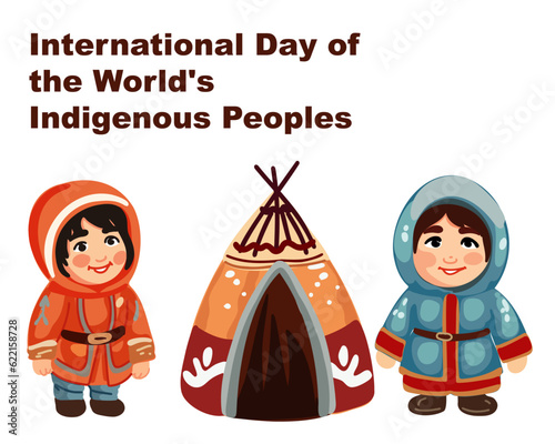 Children near the yurt, International Day of the World's Indigenous Peoples, vector illustration