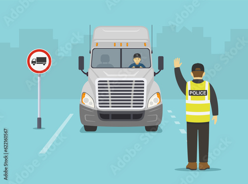 Isolated traffic police officer makes a stop gesture with his hand and pulls over a white truck. No heavy goods vehicle sign area. Flat vector illustration template.