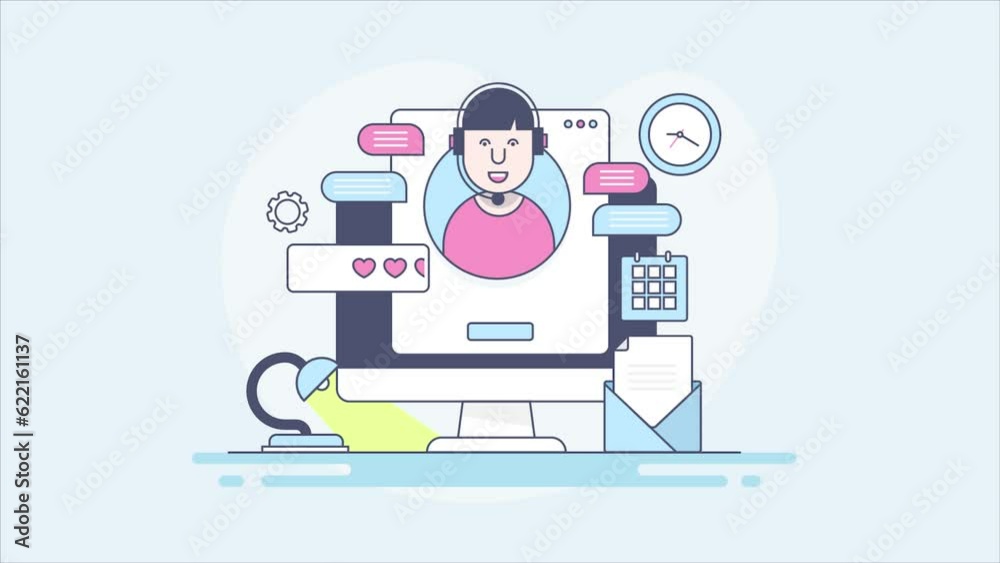 Online customer support service, cartoon character with headset. Video animation. Online customer support service, cartoon character with headset. Video animation.