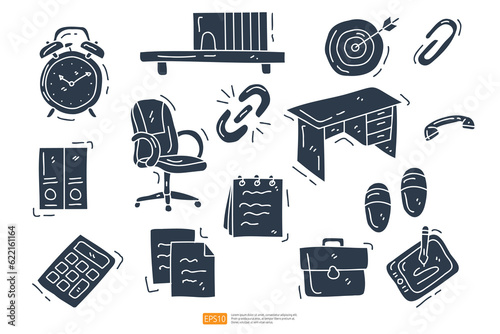 archery business target, Bookcase Doodle, Archive Document Folder, business work bag cute doodle icon set. Work From Home or Freelancer Concept vector Illustration