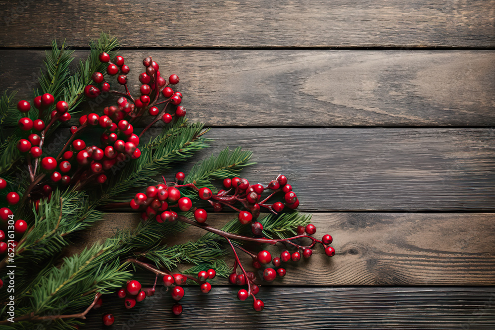Warm Wishes Merry Christmas Text with Christmas Evergreen Branches and Berries in Corner Over Rustic Wooden Background. created with Generative AI Warm Wishes Merry Christmas Text with Christmas Evergreen Branches and Berries in Corner Over Rustic Wooden Background. created with Generative AI