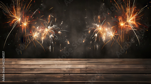 Celebratory Spectacle New Year's Eve, New Year Background Panorama - Firework Fireworks on Rustic Brown Wooden Wood Texture. created with Generative AI