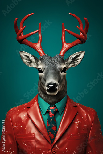 Christmas reindeer dressed in a red leather suit. Futuristic New year fashion concept