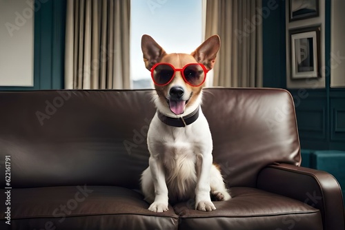 chihuahua dog sitting on a sofa wearing sunglasses watching television generated AI © Izhar