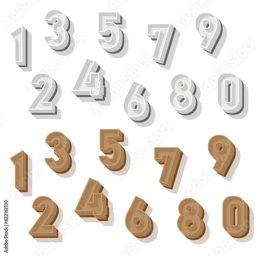 The 3D number of vector such as one, two, three, four, five, six, seven, eight, nine ,zero, made with 3d graphic design in vector with white and brown color in retro text style.