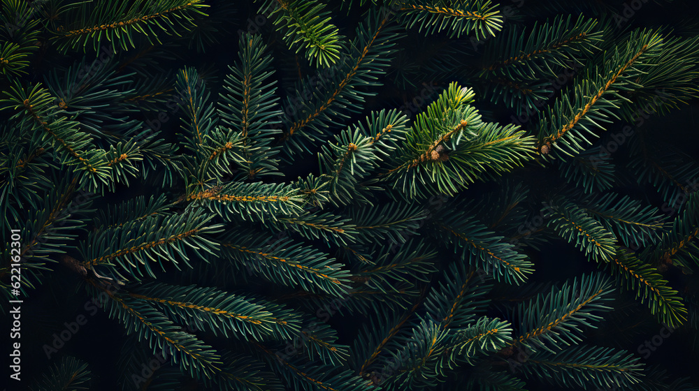 Nature's Festive Embrace Christmas Tree Branches - Symbolizing New Year and Christmas - Banner - Flat Lay, Top View. created with Generative AI