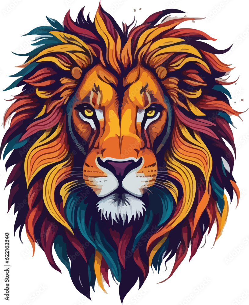 Colorful lion face drawing vibrant vivid colored t-shirt design vector illustrations. Vibrant lion king of the jungle
