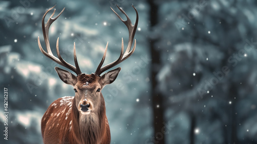 Majestic Winter Encounter Noble Deer Male in Snowy Forest - Artistic Winter Christmas Landscape. created with Generative AI © photobuay